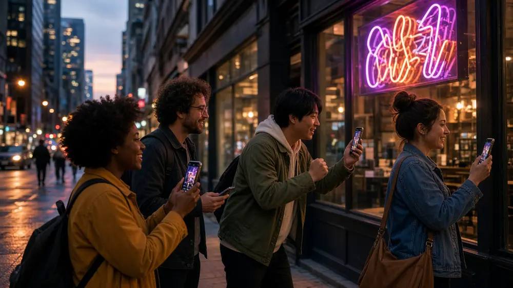Adult friends downtown at dusk photographing a neon storefront during a scavenger hunt