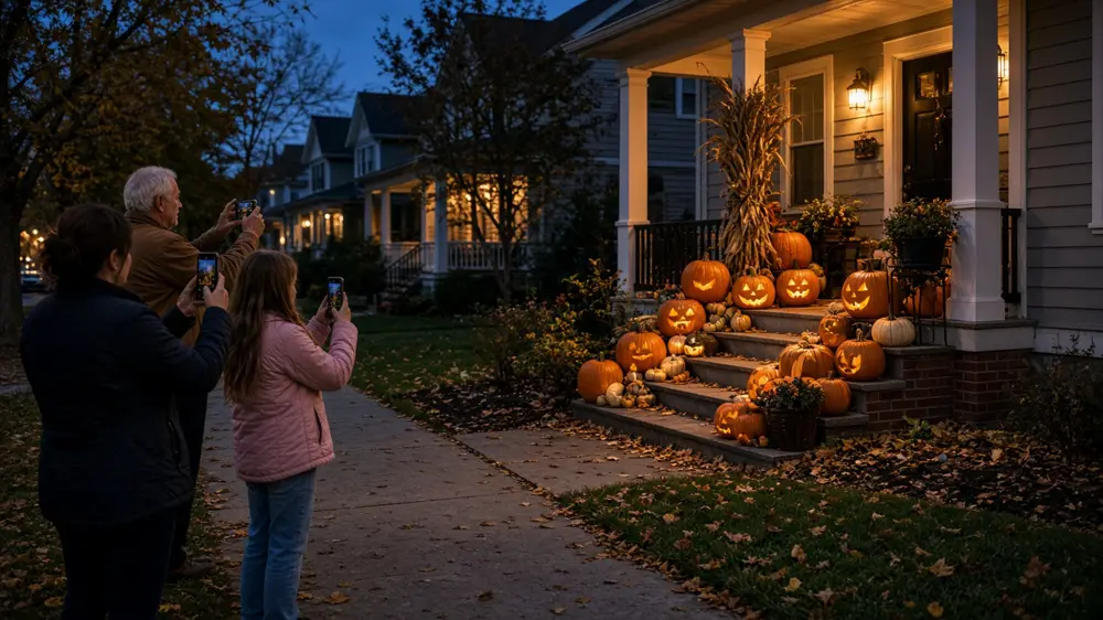Neighbors on a sidewalk photographing a porch pumpkin display during a Halloween hunt