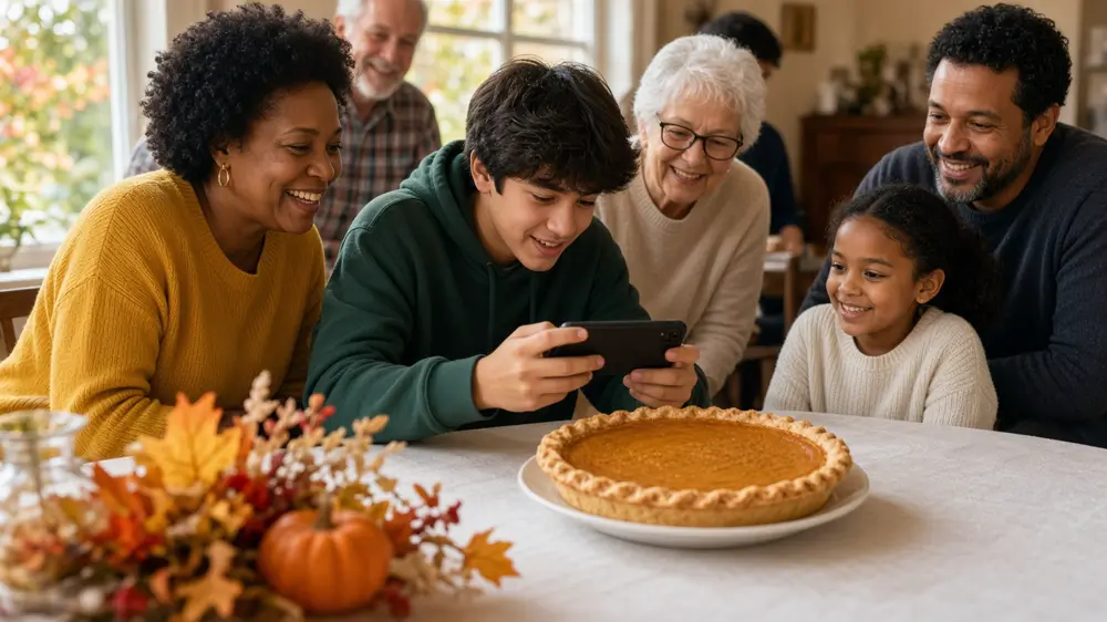 Multi-generational family photographing a pumpkin pie during a Thanksgiving scavenger hunt