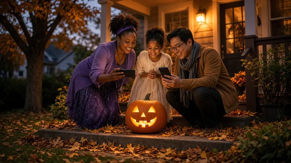 Friends photographing a carved pumpkin on a porch during a Halloween scavenger hunt at dusk