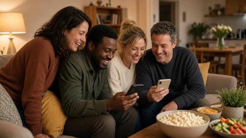 Adult friends at a house party looking at phones together during a scavenger hunt