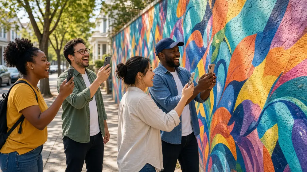 Adult friends on a neighborhood sidewalk photographing a mural during a scavenger hunt
